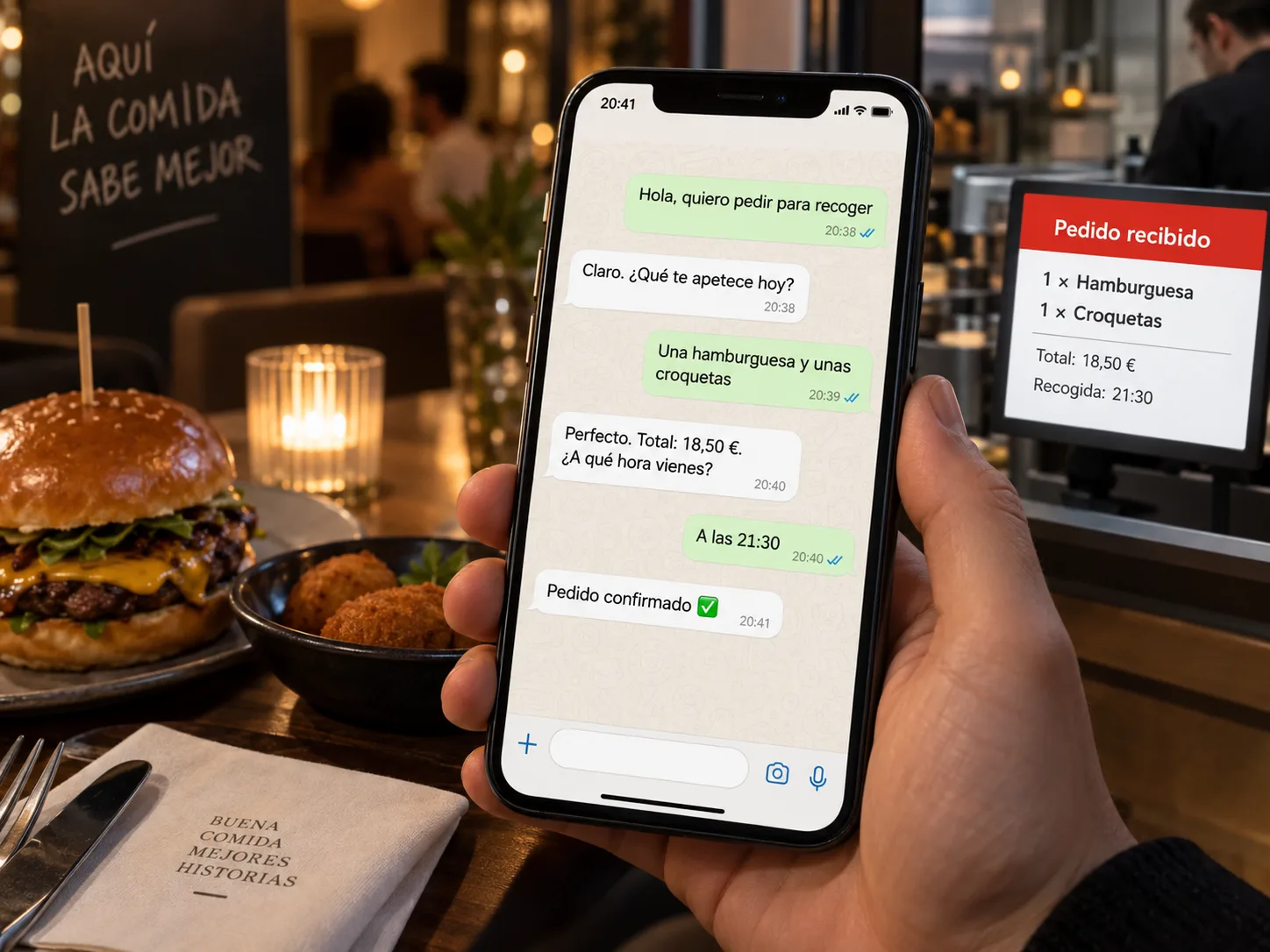 Conversación de WhatsApp con un restaurante, con el pedido confirmado, sobre la mesa de un local