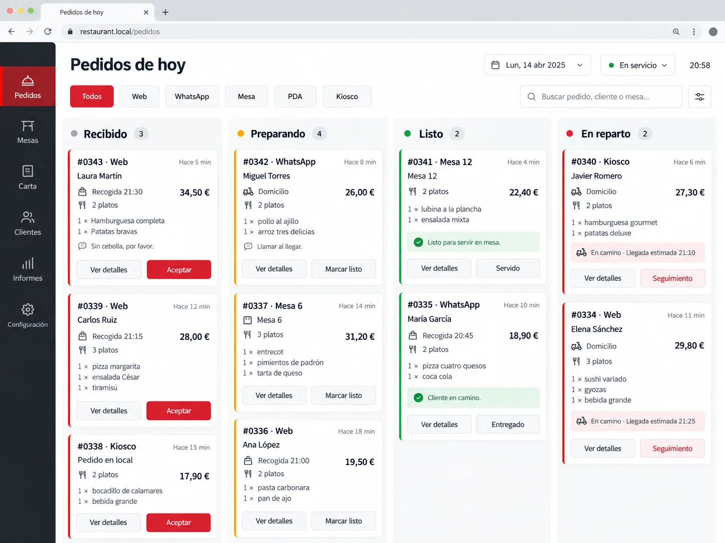 Panel de pedidos de un restaurante con entradas de web, WhatsApp, mesa, PDA y kiosco, cada una con su estado