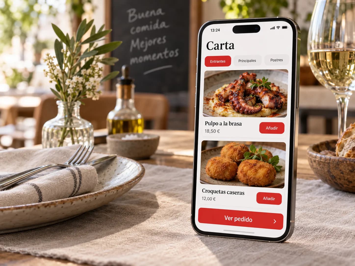 Carta digital de un restaurante en el móvil, con platos, precios y el botón de añadir al pedido