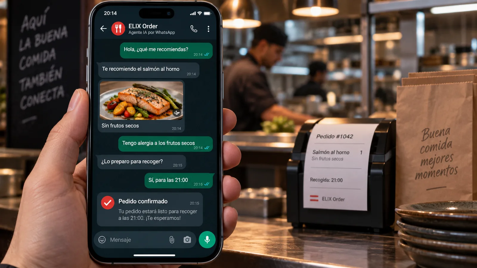 Un cliente hace un pedido a un restaurante por WhatsApp y recibe la confirmación en su móvil