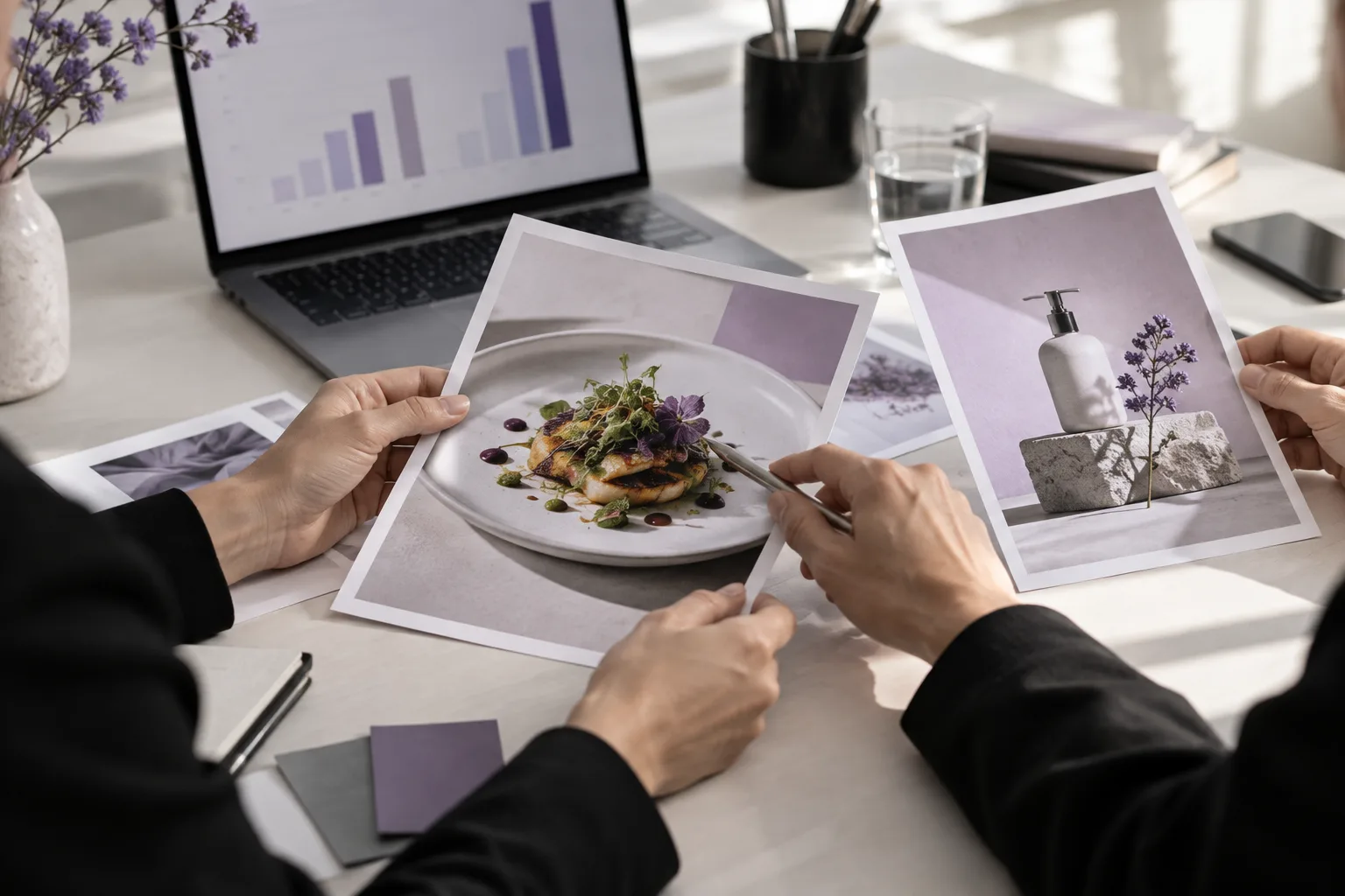 Dos personas revisando creatividades impresas de una campaña sobre la mesa, con el gráfico de resultados al fondo