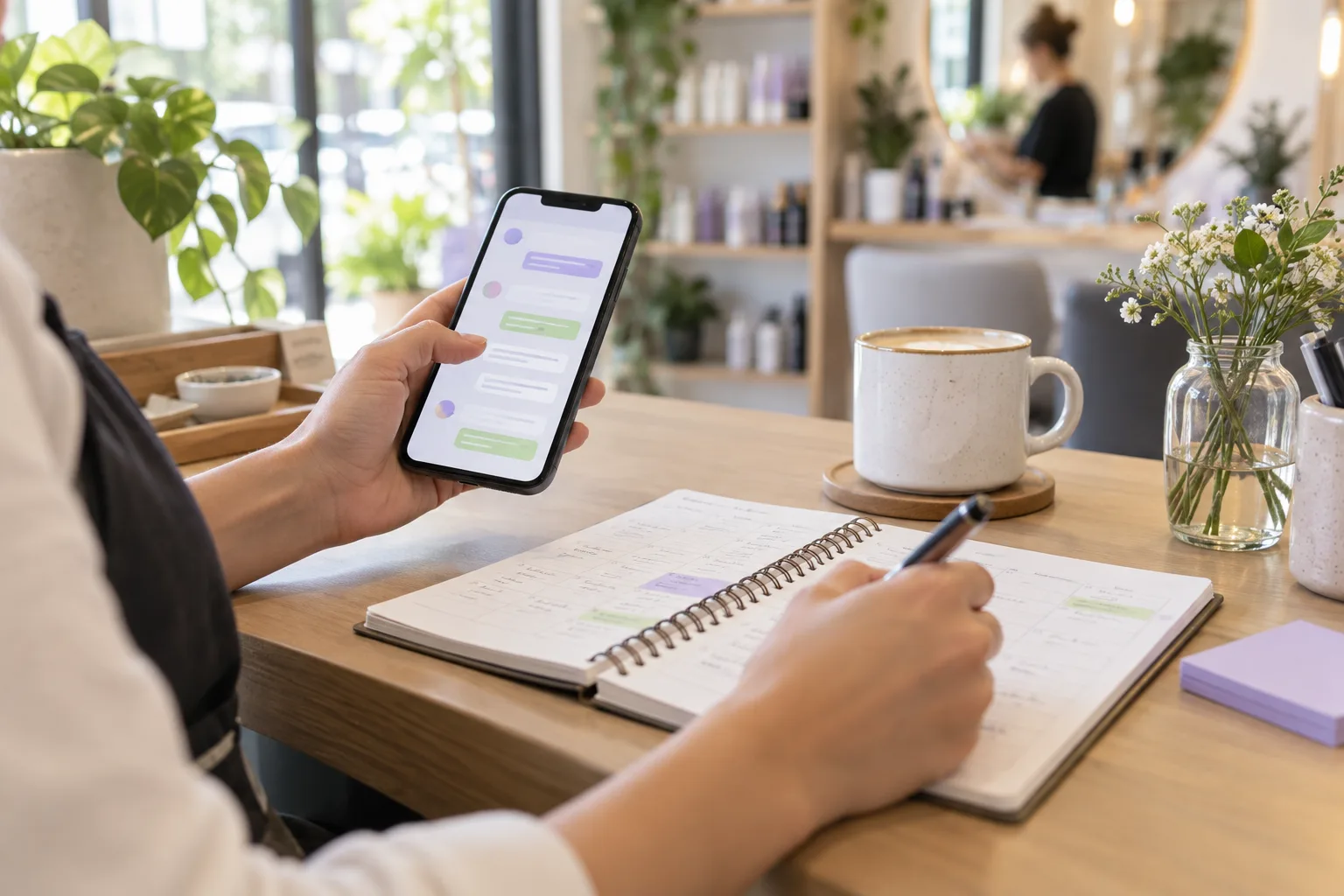 Clienta consultando por WhatsApp desde el móvil mientras anota en su agenda