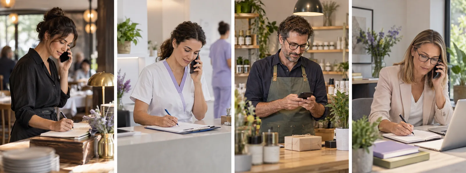Cuatro negocios distintos atendiendo por teléfono y móvil: tienda, clínica, taller y despacho
