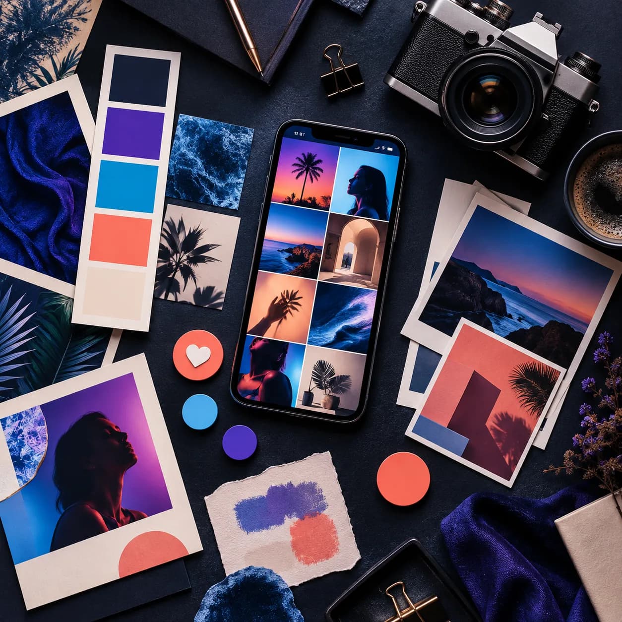 Mesa con fotos, paleta de colores y el móvil mostrando la parrilla de publicaciones