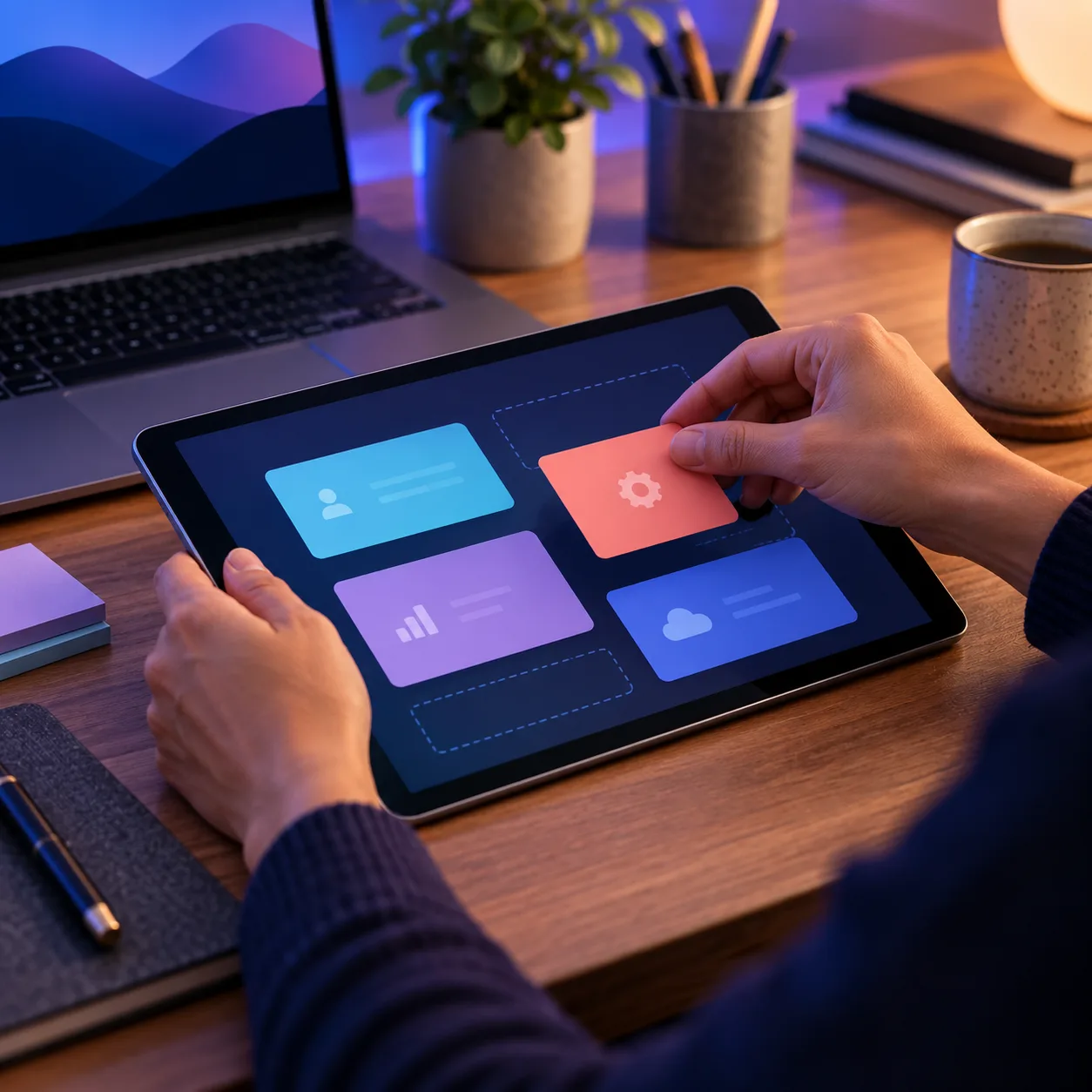Persona ordenando en una tablet los bloques de su plataforma