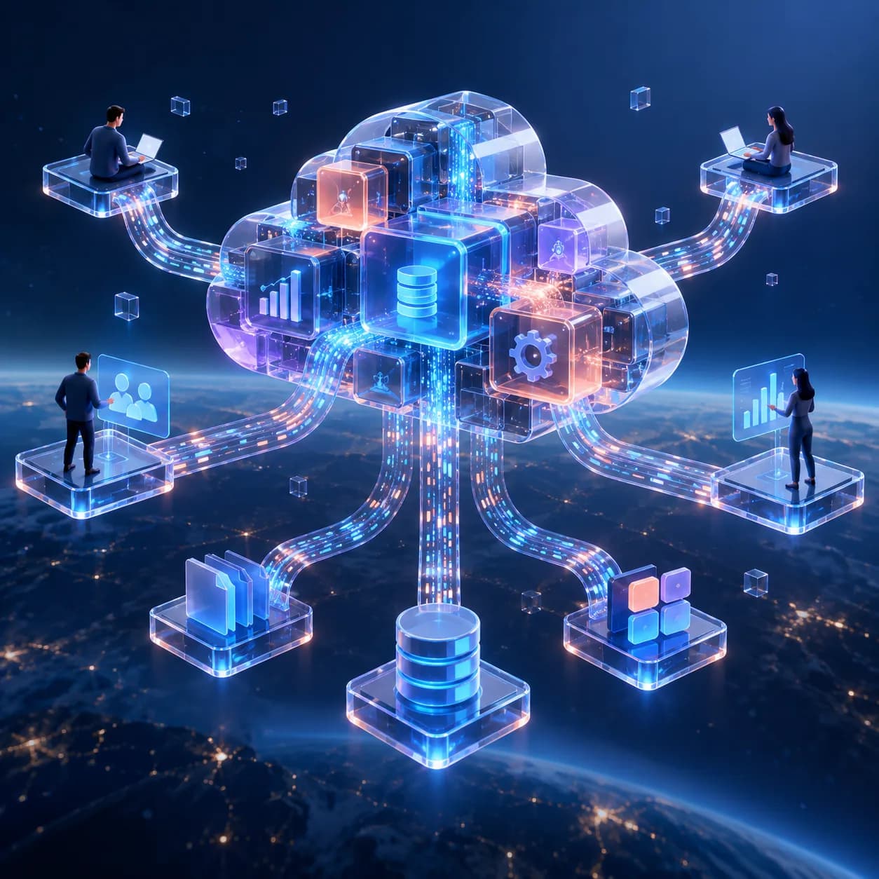 Servicios de una plataforma en la nube conectados con los equipos que la usan