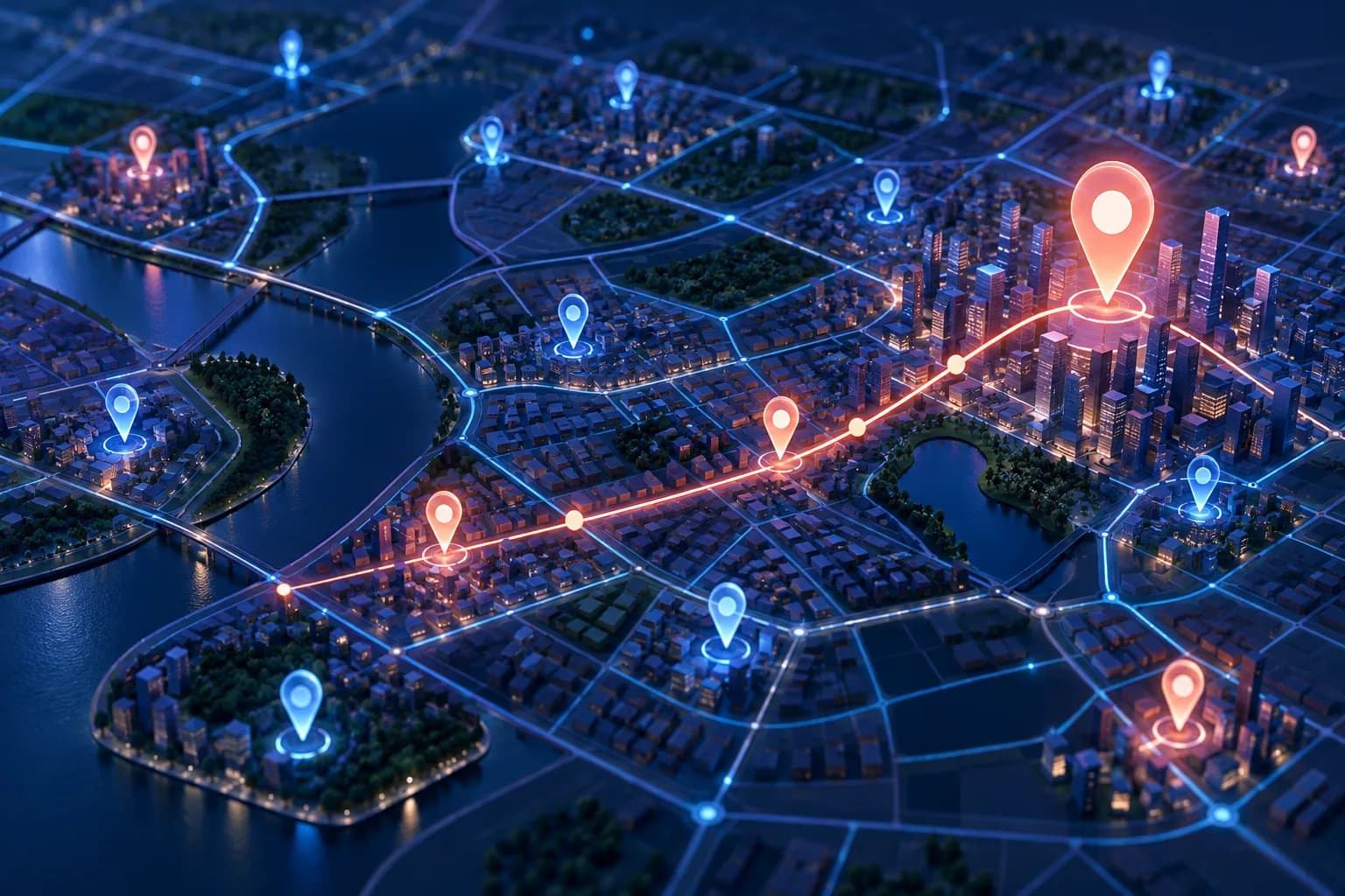 Mapa nocturno de una ciudad con chinchetas de negocios señalando su ubicación
