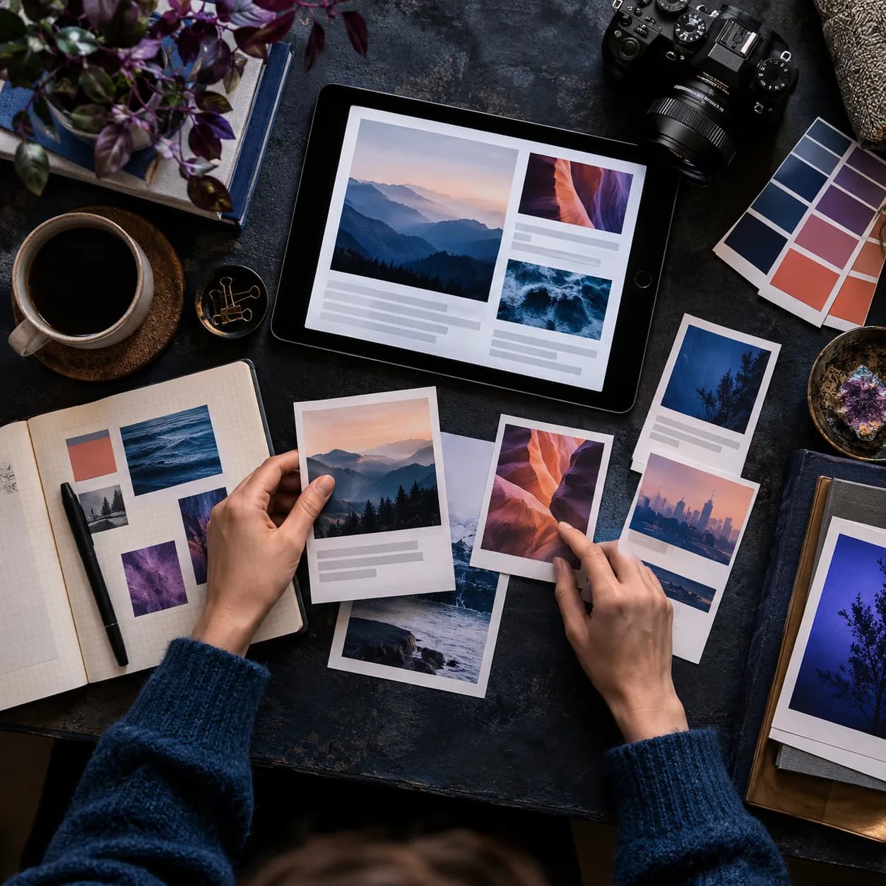 Selección de fotografías sobre una mesa para publicar en la ficha del negocio