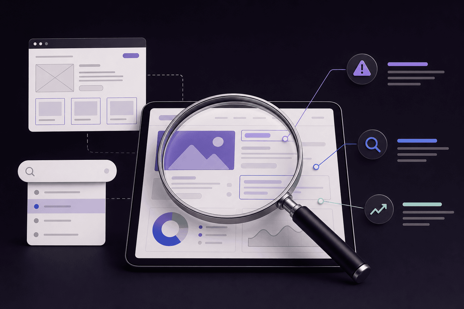 Representación visual de una auditoría digital con una lupa sobre varias interfaces