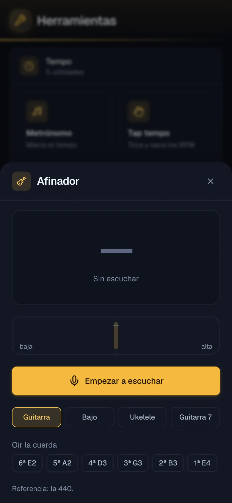 El afinador, que escucha por el micrófono del móvil