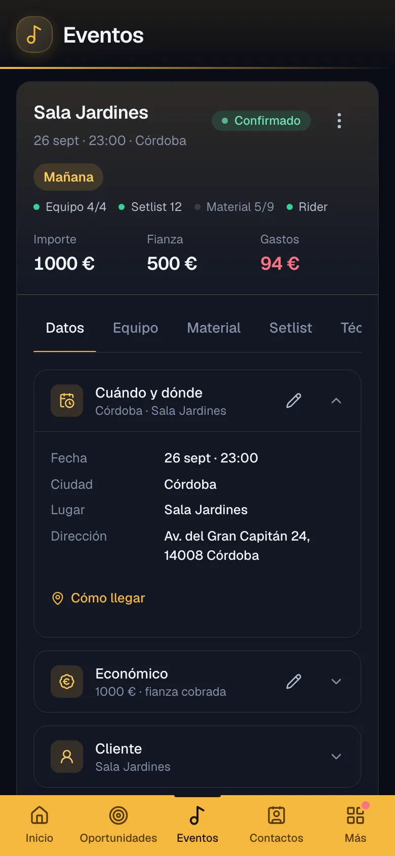 La ficha del bolo en el móvil, pestaña Datos: fecha, sala, dirección y «Cómo llegar»