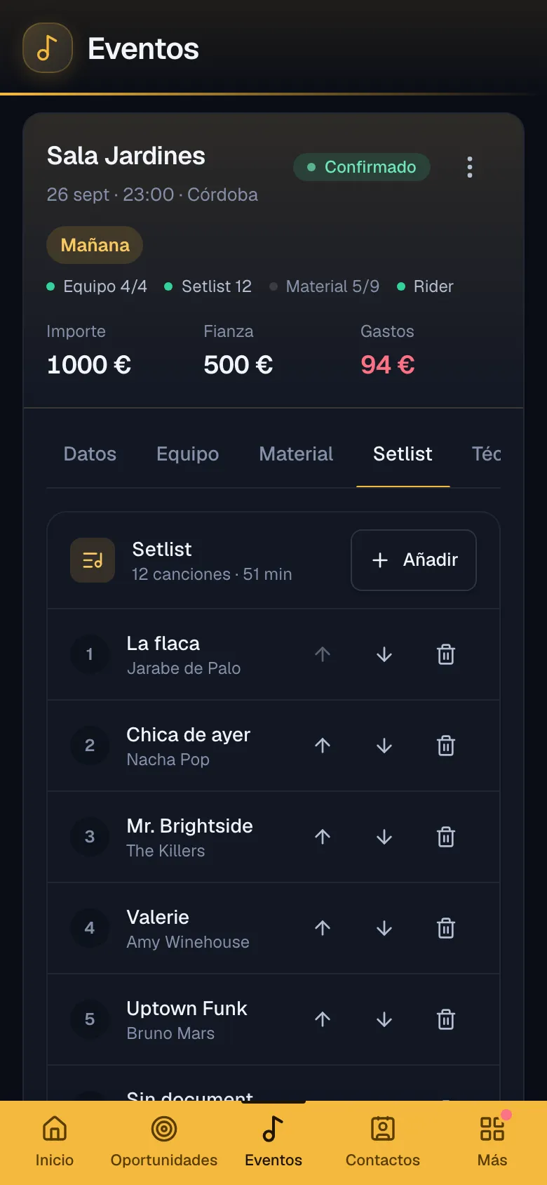 La ficha del bolo, pestaña Setlist: las canciones en orden y las ya tocadas