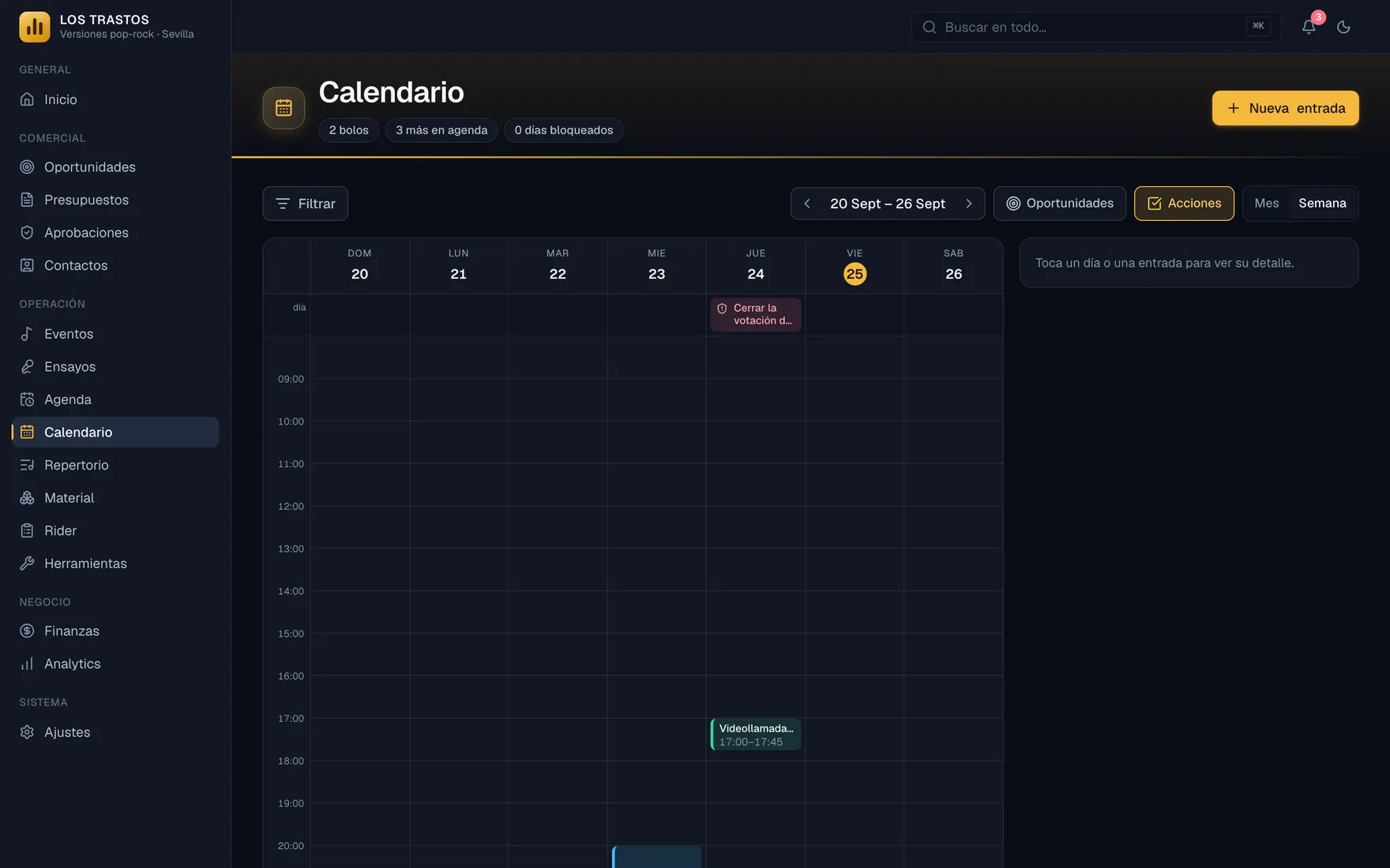 El calendario por semana con bolos, ensayos y viajes