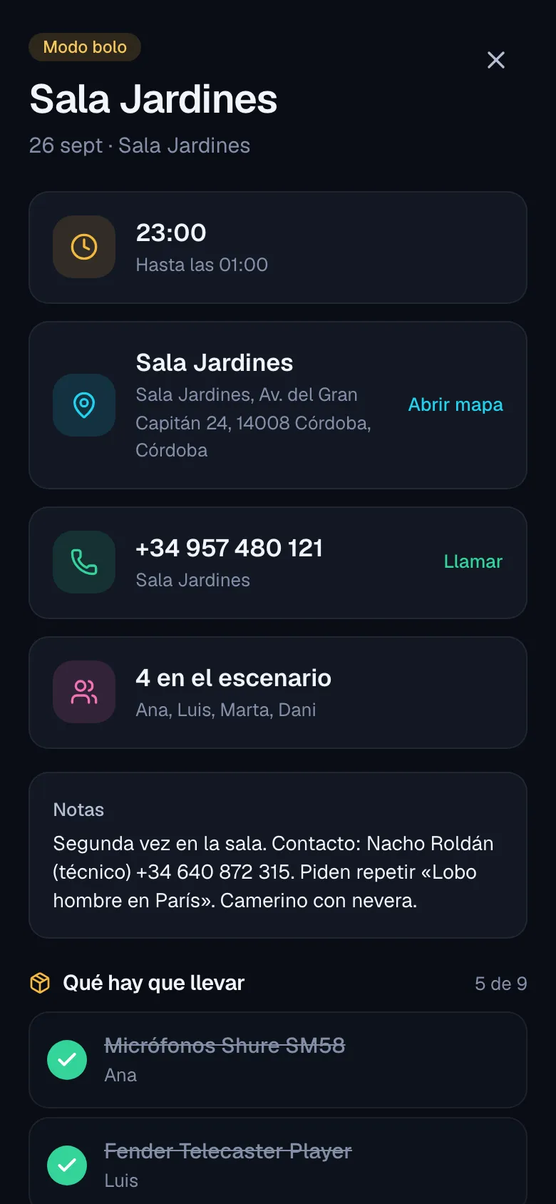 El modo bolo a pantalla completa: hora, dirección, teléfono del cliente y el setlist para ir tachando