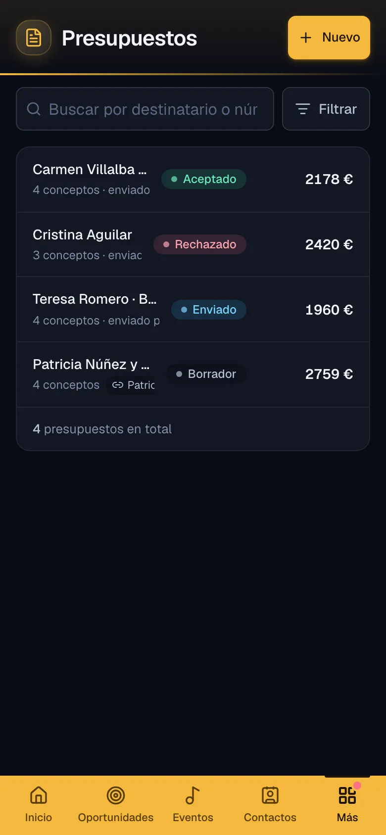 Un presupuesto enviado, visto en el móvil