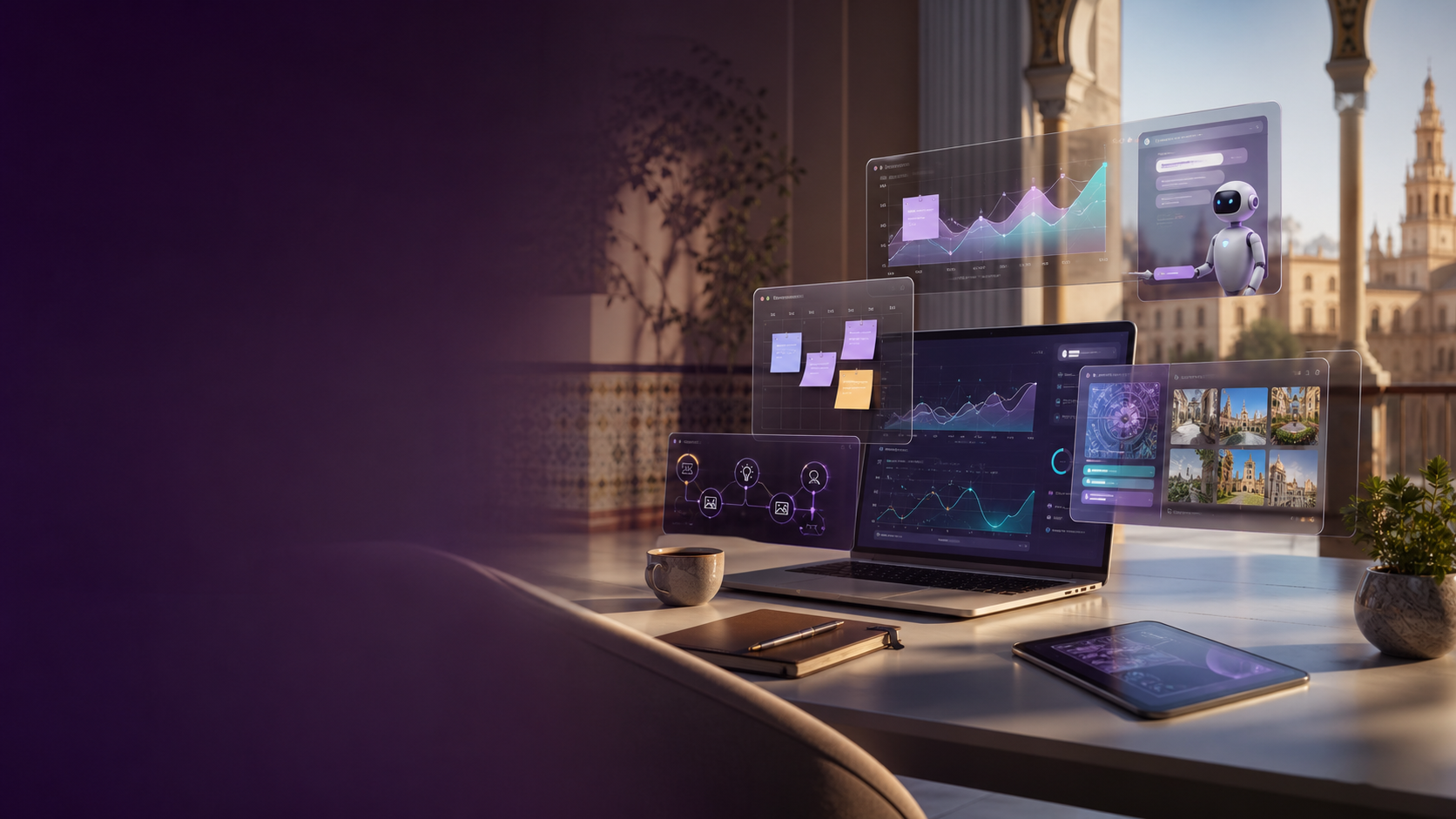 Paneles digitales de IA, marketing y automatización en un escritorio premium.