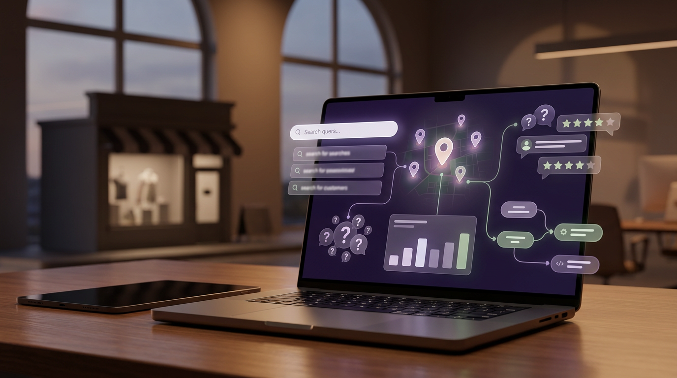 Dashboard de búsqueda con IA, mapa local, reseñas, analítica y señales digitales para un negocio local.