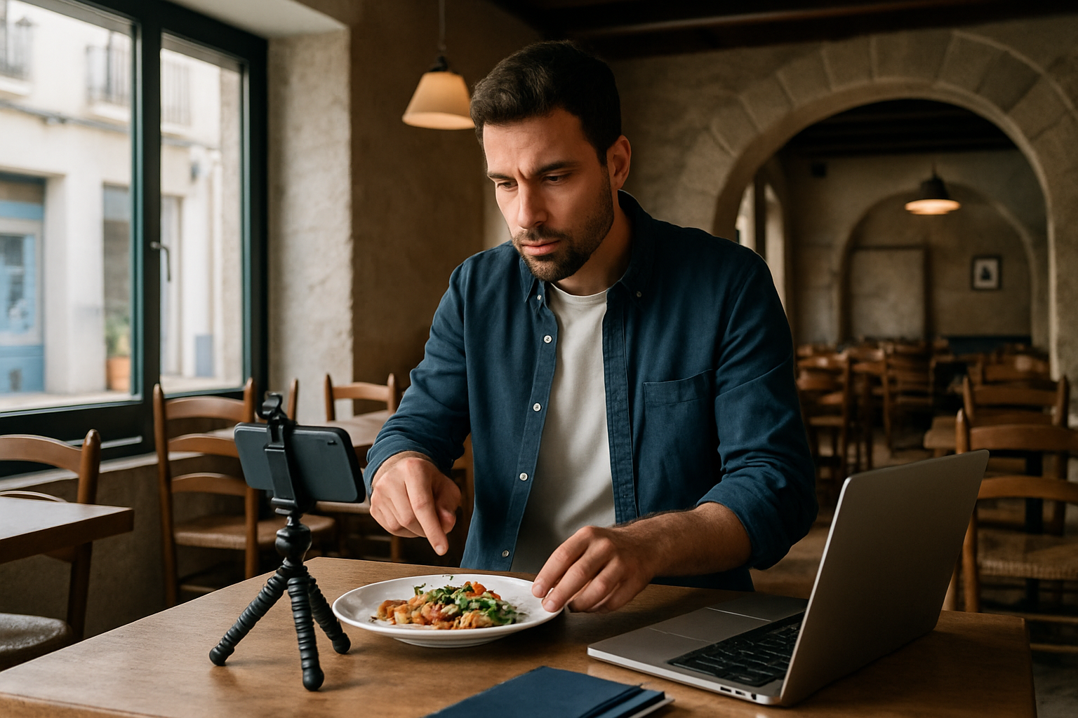 Escena editorial original relacionada con minicurso práctico para crear contenido en redes sociales que impulse tu restaurante y su...