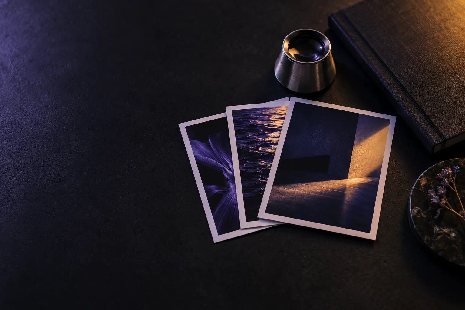 Tres copias fotográficas en tonos violeta y ámbar extendidas sobre una superficie oscura junto a una lupa de metal.